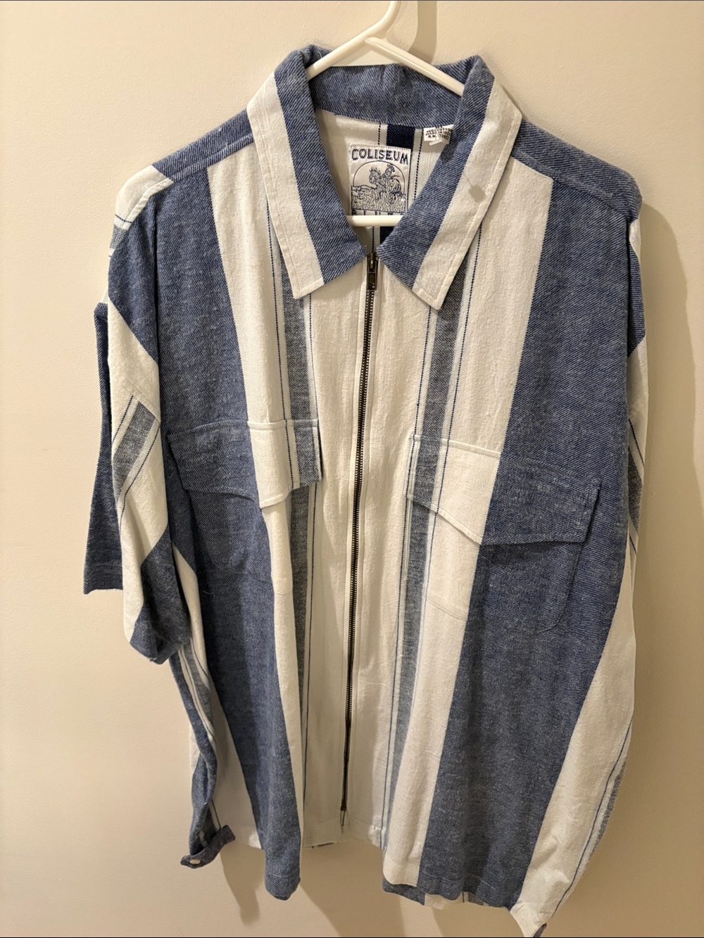 Men’s Blue and White Vertical Stripe Zip Shirt